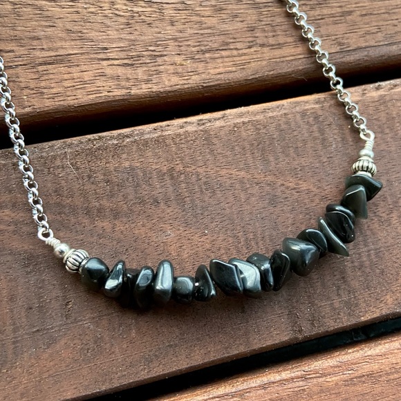 Genuine black onyx chips bar necklace stainless steel chain.Choker boho dainty - Picture 1 of 13